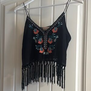 Embroidered Black Fringe Top
